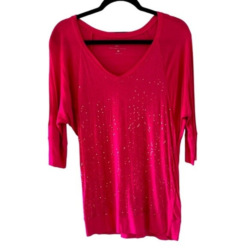 New York & Company Pink Sequin Elbow Sleeve Top Size M